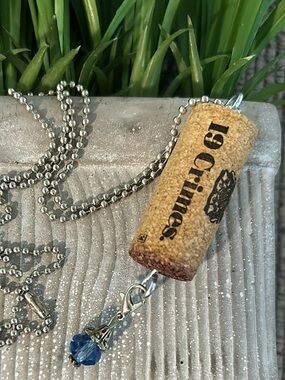 🟢 3/$30 19 Crimes Wine Cork Necklace with Blue dangle crystal gem NEW handmade